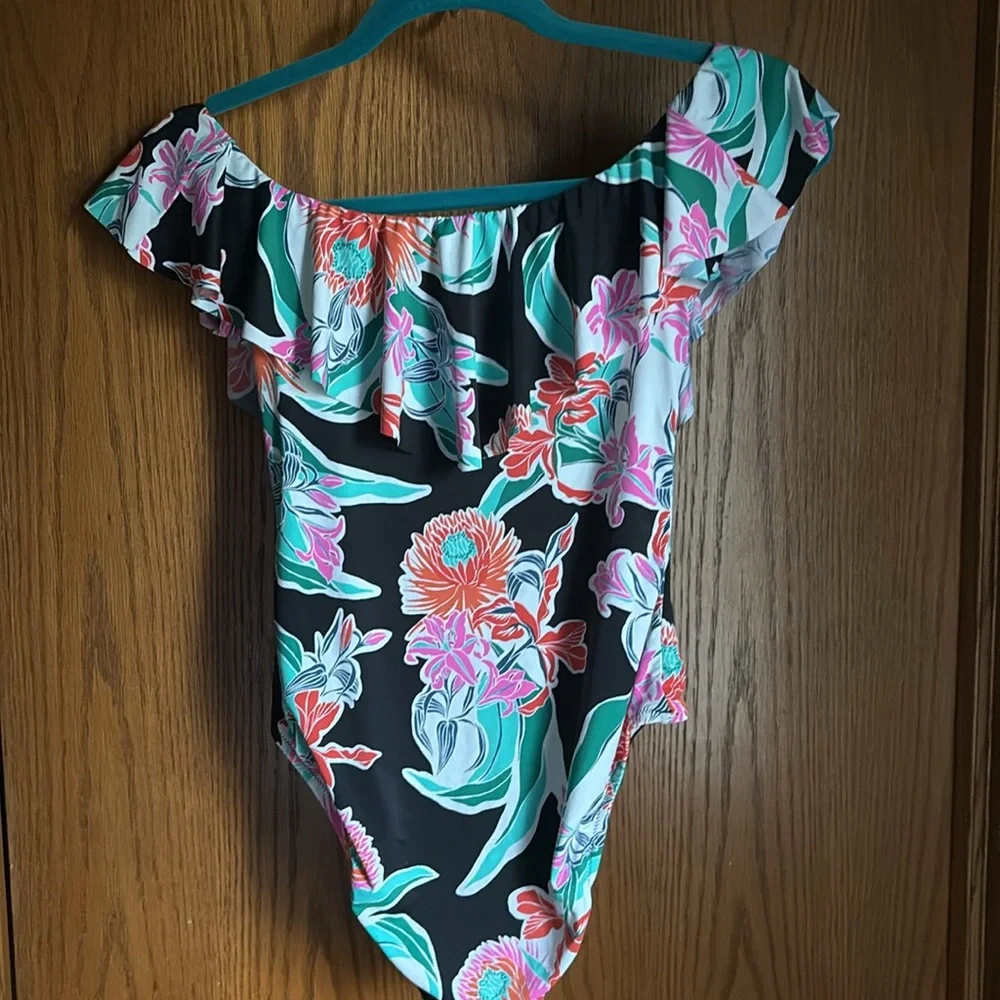 Trina Turk Black and Pink Floral One Piece with off the shoulders ruffle - Picture 4 of 6